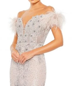 Mac Duggal Feathered Crystal Embellished Sleeveless Trumpet Gown