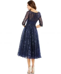 Mac Duggal Embellished 1/2 Sleeve Boat Neck A Line Dress