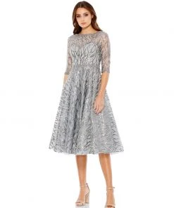 Mac Duggal Embellished 1/2 Sleeve Boat Neck A Line Dress