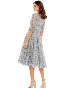 Mac Duggal Embellished 1/2 Sleeve Boat Neck A Line Dress