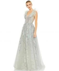 Mac Duggal Embellished Feathered Sleeveless A Line Gown Shop For
