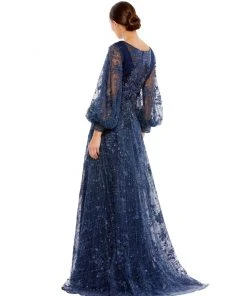 Mac Duggal Shop For Embellished Plunge Neck Puff Sleeve A-Line Gown