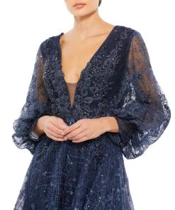 Mac Duggal Shop For Embellished Plunge Neck Puff Sleeve A-Line Gown