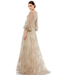 Mac Duggal Shop For Embellished Plunge Neck Puff Sleeve A-Line Gown