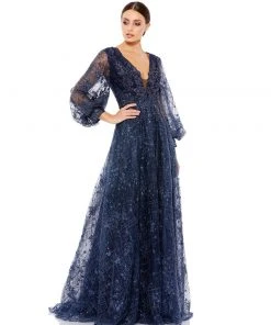 Mac Duggal Shop For Embellished Plunge Neck Puff Sleeve A-Line Gown