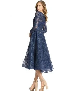 Mac Duggal Shop For Embellished Plunge Neck Illusion Long Sleeve Midi