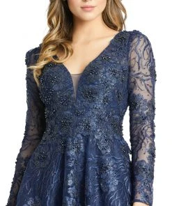 Mac Duggal Shop For Embellished Plunge Neck Illusion Long Sleeve Midi