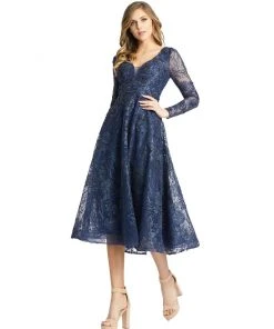 Mac Duggal Shop For Embellished Plunge Neck Illusion Long Sleeve Midi