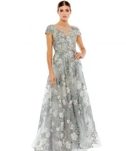 Mac Duggal Floral Embroidered Short Sleeve Gown