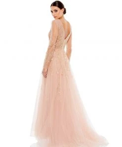 Mac Duggal Illusion Long Sleeve Beaded Gown