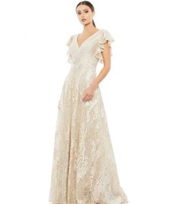 Mac Duggal Embroidered Flutter Sleeve V-Neck Gown