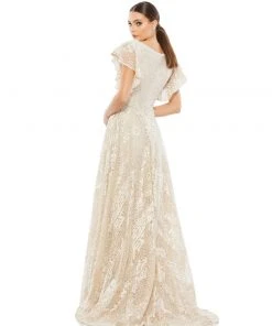 Mac Duggal Embroidered Flutter Sleeve V-Neck Gown