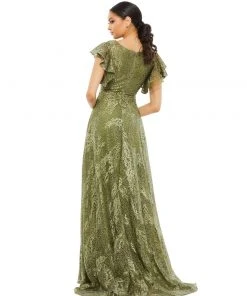 Mac Duggal Embroidered Flutter Sleeve V-Neck Gown