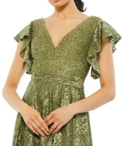 Mac Duggal Embroidered Flutter Sleeve V-Neck Gown