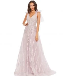 Mac Duggal Embellished Soft Tie Sleeveless V Neck Gown Shop For