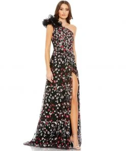Mac Duggal Embellished Ruffled One Shoulder A Line Gown