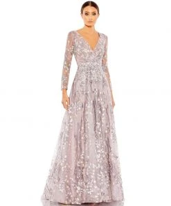 Mac Duggal Shop For Embellished Wrap Over Illusion Long Sleeve A Line Gown