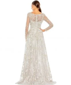 Mac Duggal Shop For Embellished Wrap Over Illusion Long Sleeve A Line Gown