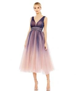 Mac Duggal Ombre Sleeveless V Neck Midi Dress Cocktail Dresses