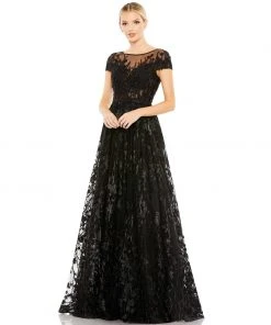 Mac Duggal Embellished Floral Cap Sleeve A Line Gown