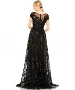 Mac Duggal Embellished Floral Cap Sleeve A Line Gown