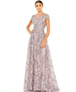 Mac Duggal Embellished Floral Cap Sleeve A Line Gown