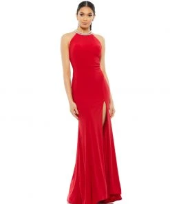 Ieena For Mac Duggal Shop For Beaded Halter Jersey Evening Gown