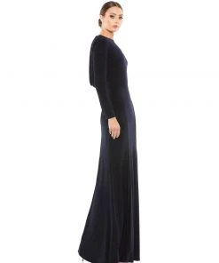 Ieena For Mac Duggal Long Sleeve Cowl Back Jersey Gown