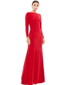 Ieena For Mac Duggal Long Sleeve Cowl Back Jersey Gown