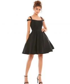 Ieena For Mac Duggal Short Dresses Cold Shoulder A-Line Skater Dress W/ Pockets