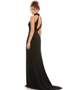 Ieena For Mac Duggal High Neck Jersey Gown W/ Teardrop Cutout Back Wedding Guest