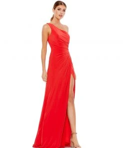 Ieena For Mac Duggal One Shoulder Ruched Jersey Evening Gown