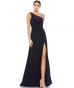 Ieena For Mac Duggal One Shoulder Ruched Jersey Evening Gown