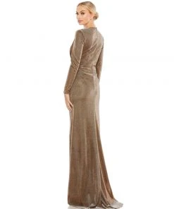 Ieena For Mac Duggal Metallic Twist Front Plunging Long Sleeve Gown Shop For