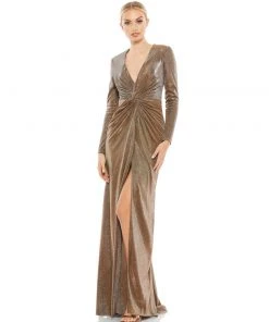 Ieena For Mac Duggal Metallic Twist Front Plunging Long Sleeve Gown Shop For