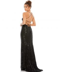 Ieena For Mac Duggal Stretch Sequin Lace Up Back Evening Gown