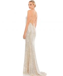 Ieena For Mac Duggal Stretch Sequin Lace Up Back Evening Gown