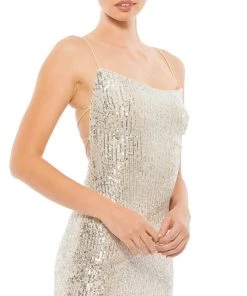 Ieena For Mac Duggal Stretch Sequin Lace Up Back Evening Gown