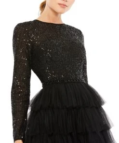 Ieena For Mac Duggal Shop For Black Sequined Layered Tulle A-Line Cocktail Dress