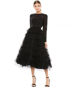 Ieena For Mac Duggal Shop For Black Sequined Layered Tulle A-Line Cocktail Dress