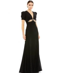 Ieena For Mac Duggal Puff Sleeve Embellished Cutout Evening Gown