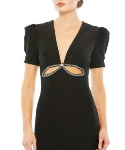 Ieena For Mac Duggal Puff Sleeve Embellished Cutout Evening Gown