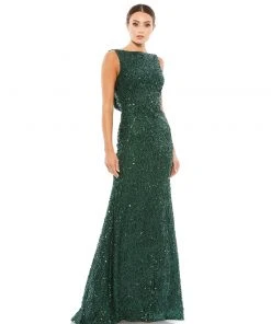 Ieena For Mac Duggal Cowl Back Boat Neck Sequined Evening Gown Shop For