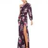 Ieena For Mac Duggal Plum Floral Print One Sleeve Gown