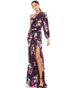 Ieena For Mac Duggal Plum Floral Print One Sleeve Gown