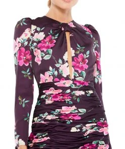 Ieena For Mac Duggal Floral Long Sleeve Ruched Mini Dress Shop For
