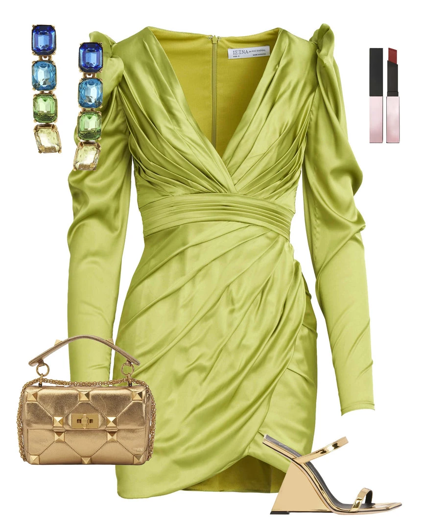 Ieena For Mac Duggal Ruched Satin Puff Sleeve Cocktail Dress 2 Ieena For Mac Duggal Ruched Satin Puff Sleeve Cocktail Dress