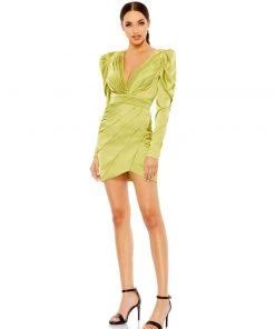 Ieena For Mac Duggal Ruched Satin Puff Sleeve Cocktail Dress