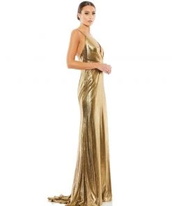 Ieena For Mac Duggal Shop For Metallic Faux Wrap Spaghetti Strap Gown