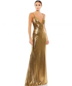 Ieena For Mac Duggal Shop For Metallic Faux Wrap Spaghetti Strap Gown
